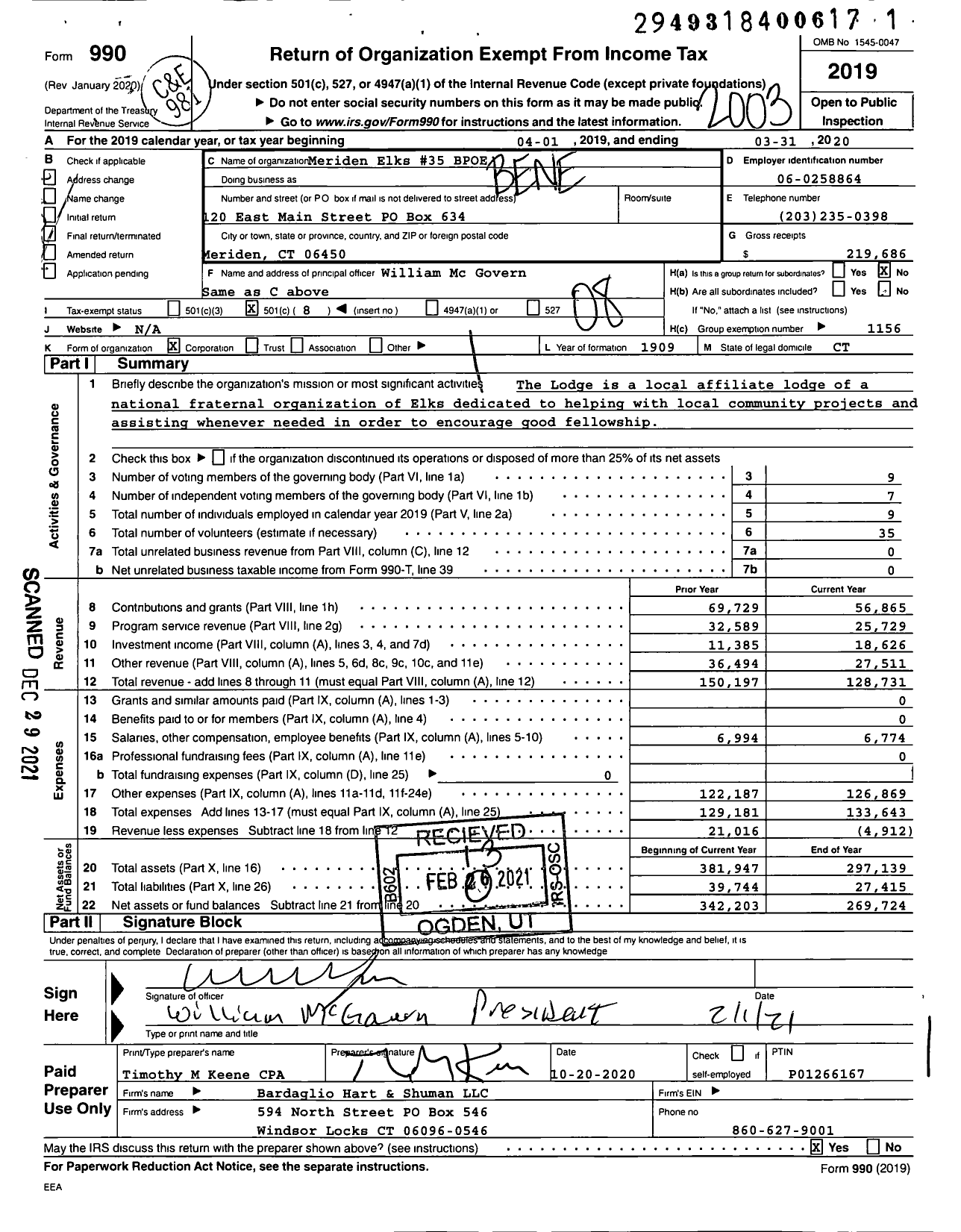 Image of first page of 2019 Form 990O for Benevolent and Protective Order of Elks - 35 Meriden