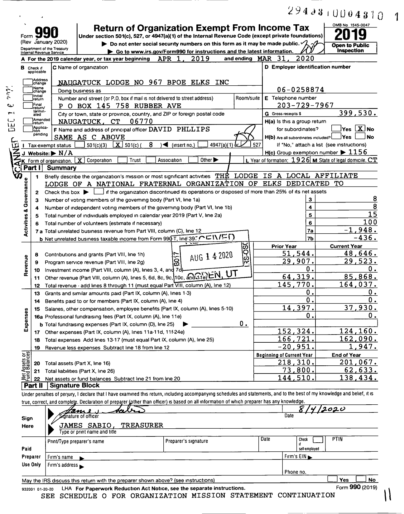 Image of first page of 2019 Form 990O for Benevolent and Protective Order of Elks - 967 Naugatuck