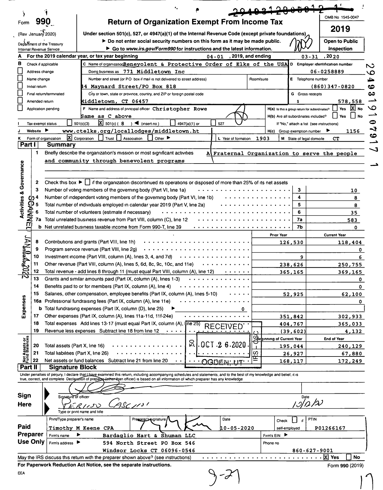 Image of first page of 2019 Form 990O for Benevolent and Protective Order of Elks - 771 Middletown