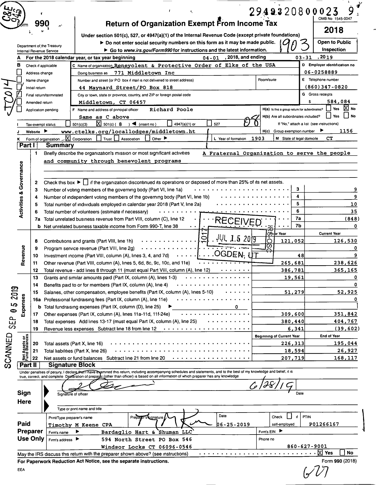 Image of first page of 2018 Form 990O for Benevolent and Protective Order of Elks - 771 Middletown