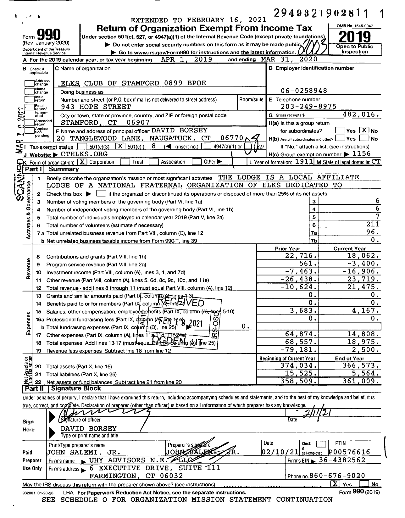 Image of first page of 2019 Form 990O for Benevolent and Protective Order of Elks - 0899 Stamford