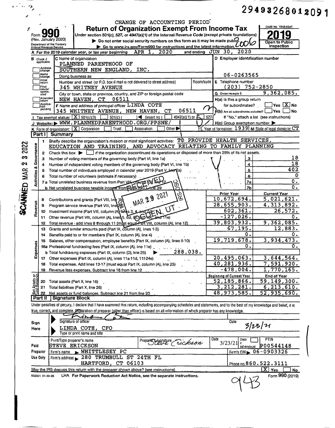 Image of first page of 2019 Form 990 for Planned Parenthood of Southern New England