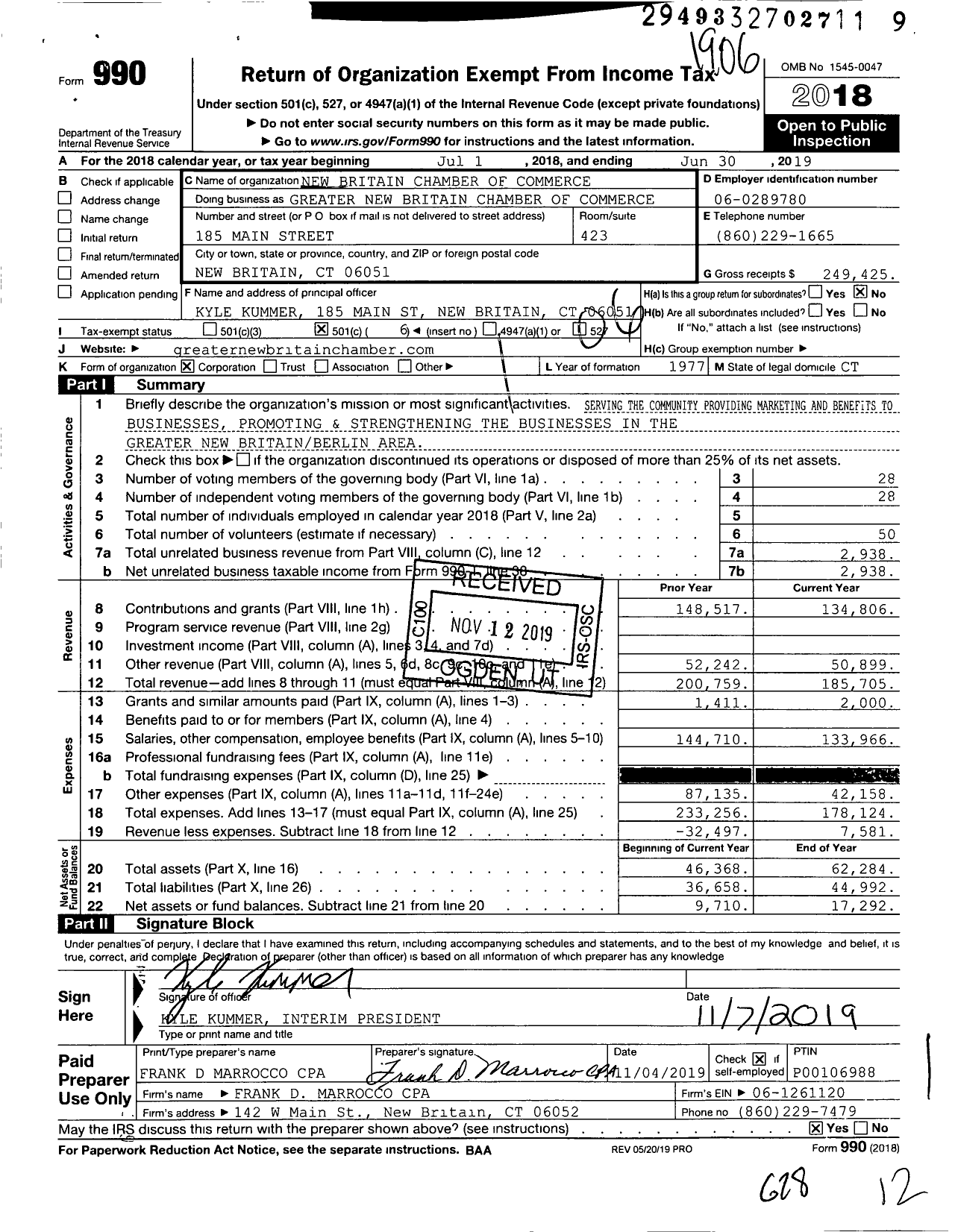 Image of first page of 2018 Form 990O for Greater New Britain Chamber of Commerce