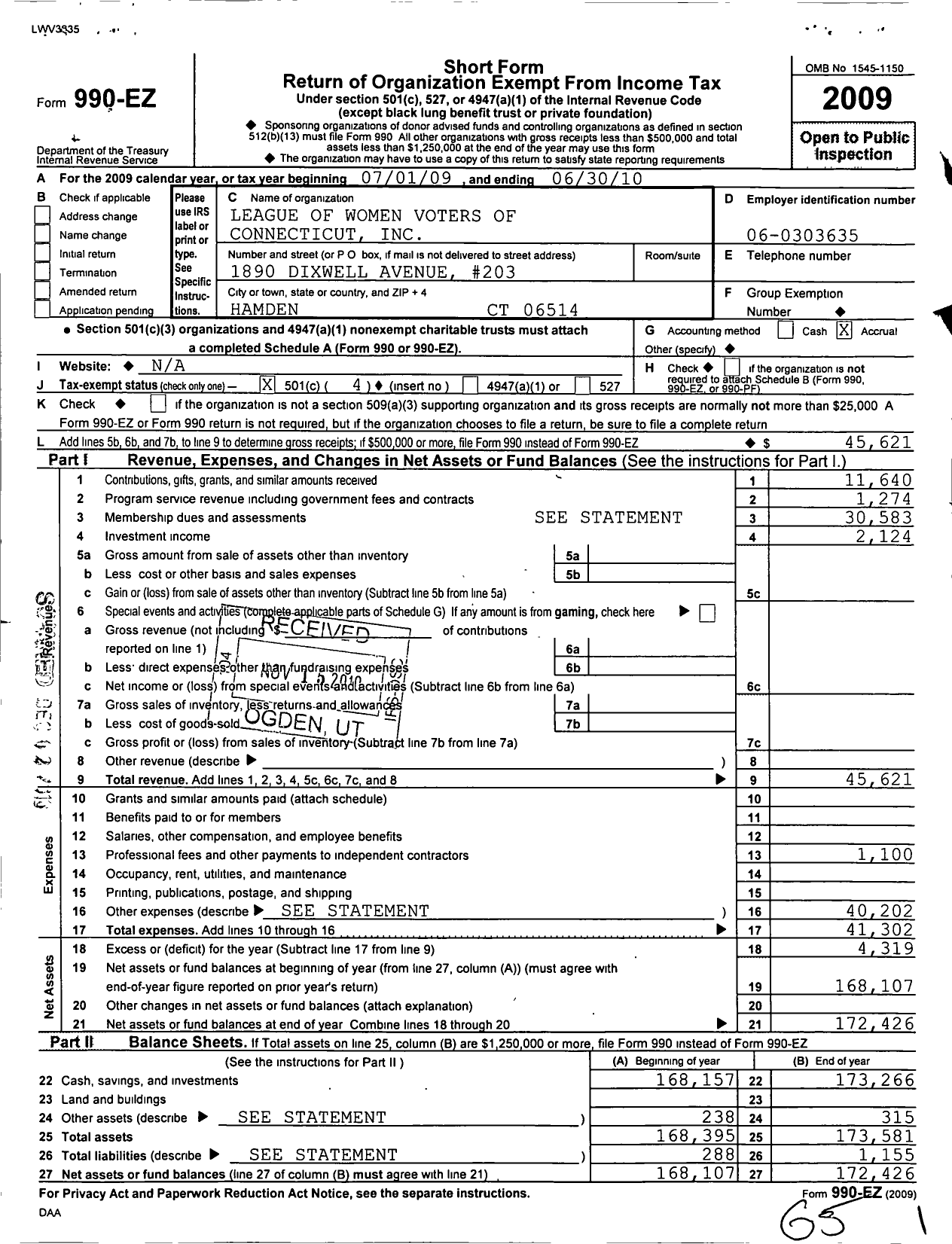 Image of first page of 2009 Form 990EO for League of Women Voters of Connecticut