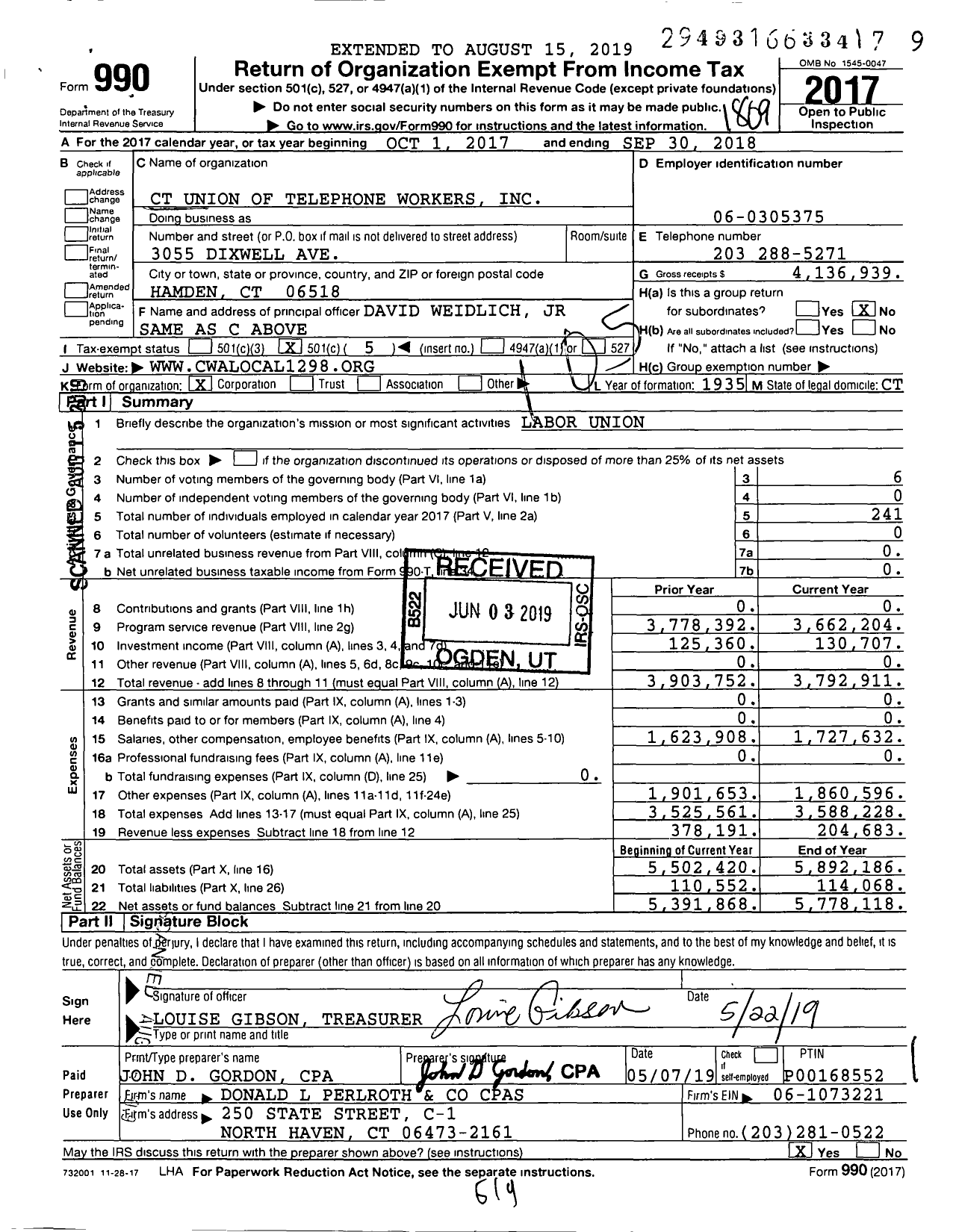 Image of first page of 2017 Form 990O for Communications Workers of America - 1298 Local Cwa Cutw