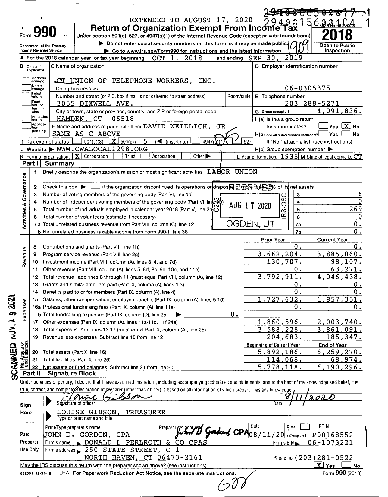 Image of first page of 2018 Form 990O for Communications Workers of America - 1298 Local Cwa Cutw