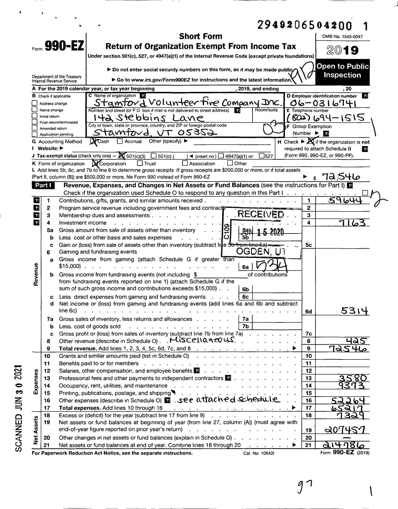 Image of first page of 2019 Form 990EZ for Stamford Volunteer Fire Company