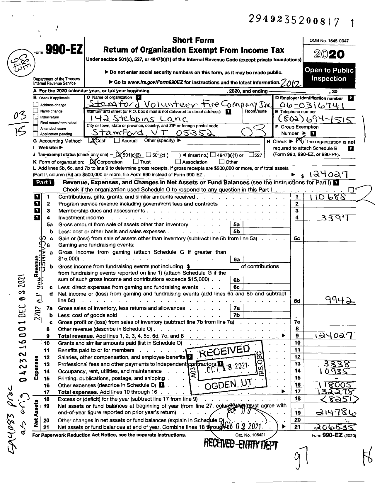 Image of first page of 2020 Form 990EZ for Stamford Volunteer Fire Company