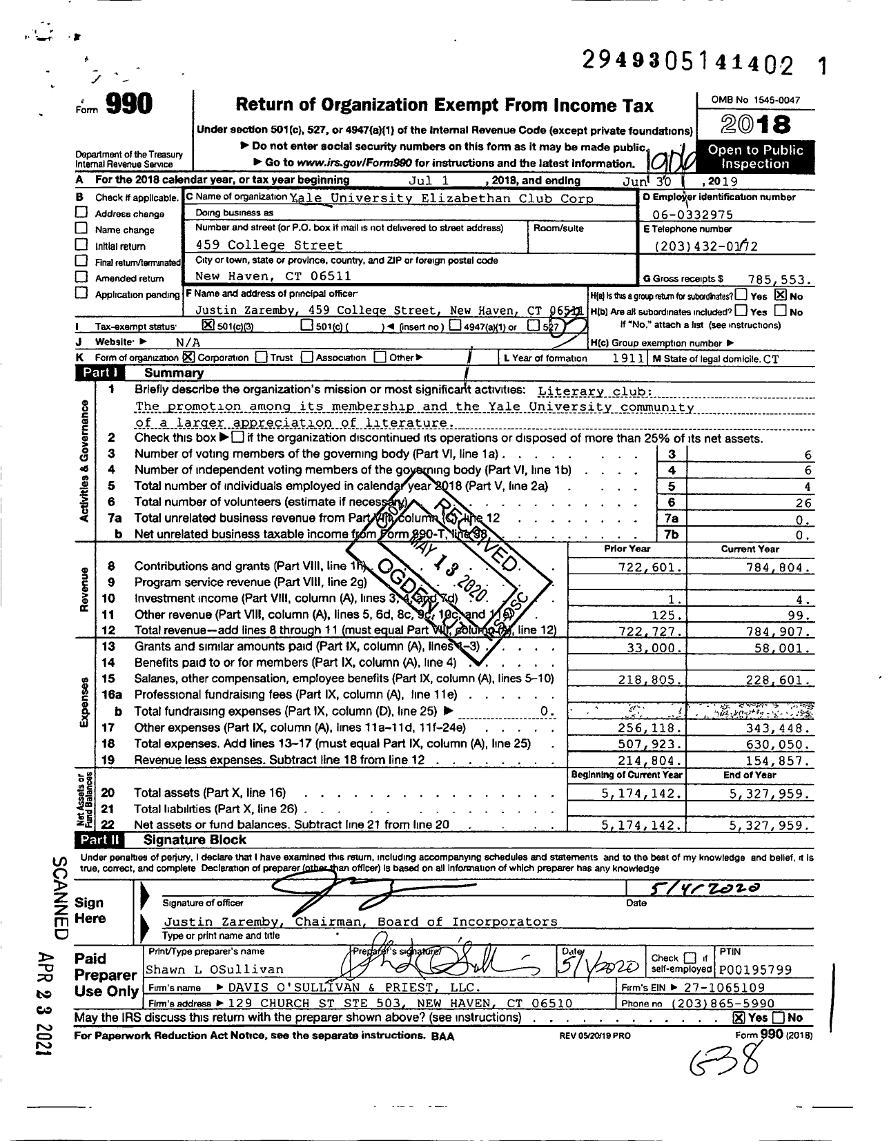 Image of first page of 2018 Form 990 for Yale University Elizabethan Club Corporation