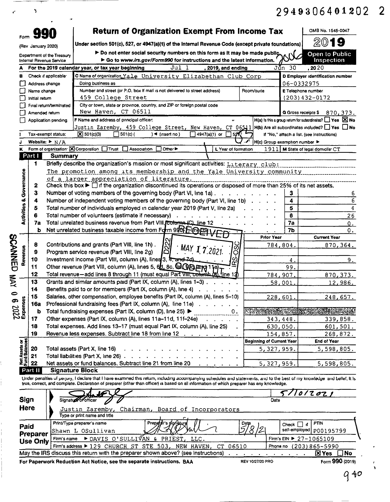 Image of first page of 2019 Form 990 for Yale University Elizabethan Club Corporation