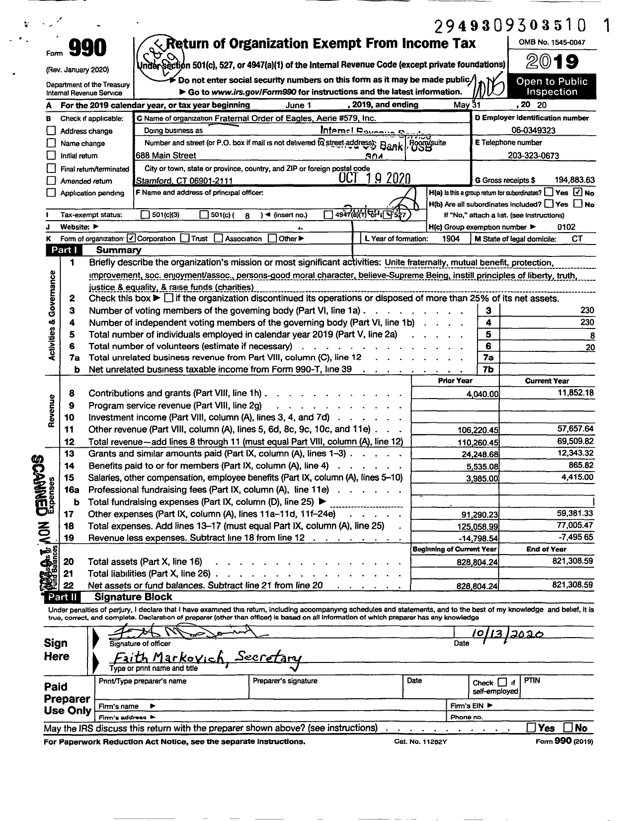 Image of first page of 2019 Form 990O for Fraternal Order of Eagles - Fraternal Order of Eagles Aerie 579