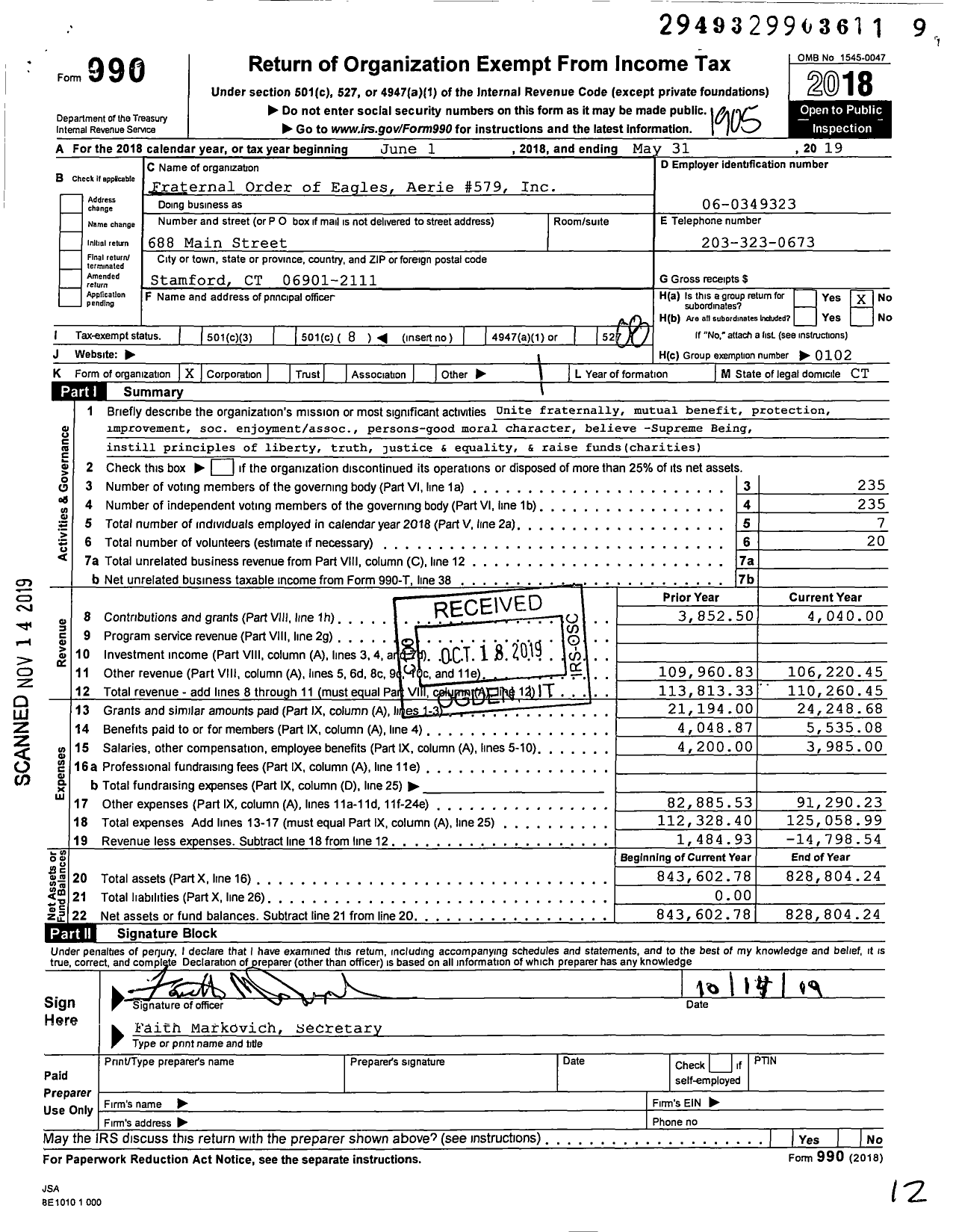 Image of first page of 2018 Form 990O for Fraternal Order of Eagles - Fraternal Order of Eagles Aerie 579