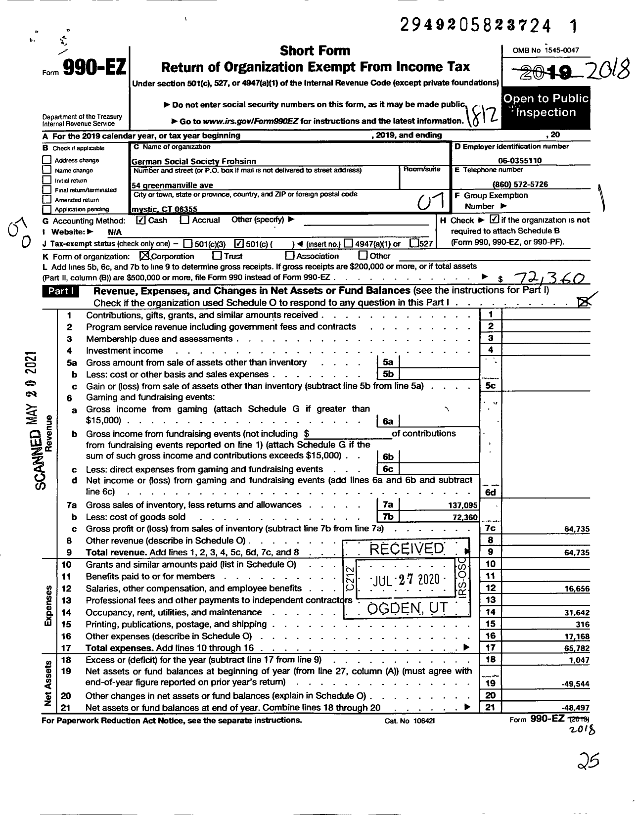 Image of first page of 2018 Form 990EO for Germanclub Social Society Frohsinn