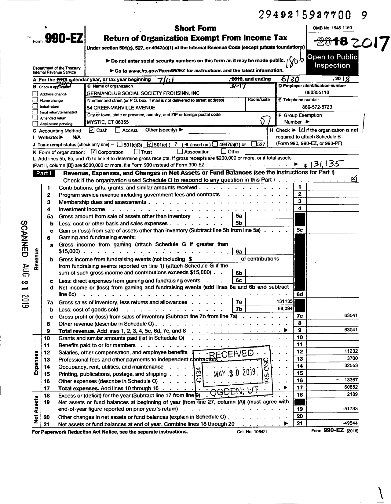 Image of first page of 2017 Form 990EO for Germanclub Social Society Frohsinn