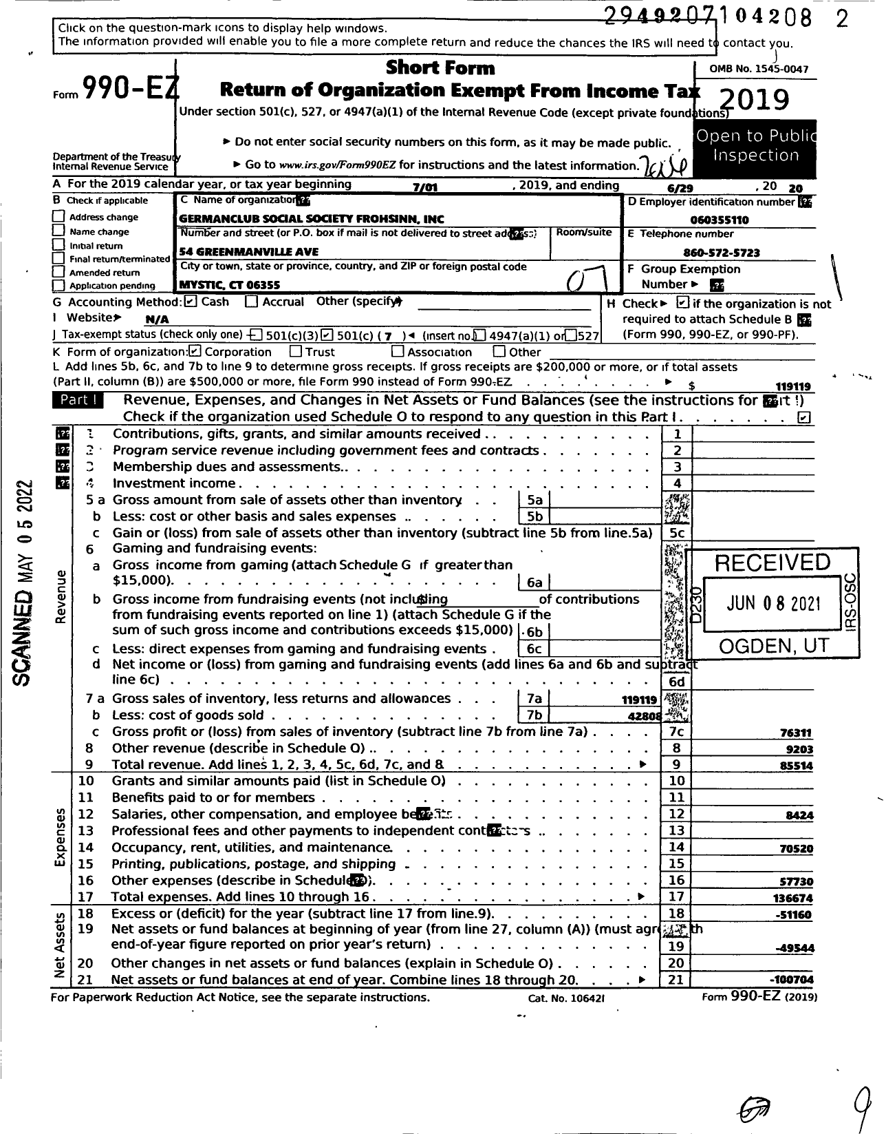 Image of first page of 2019 Form 990EO for Germanclub Social Society Frohsinn