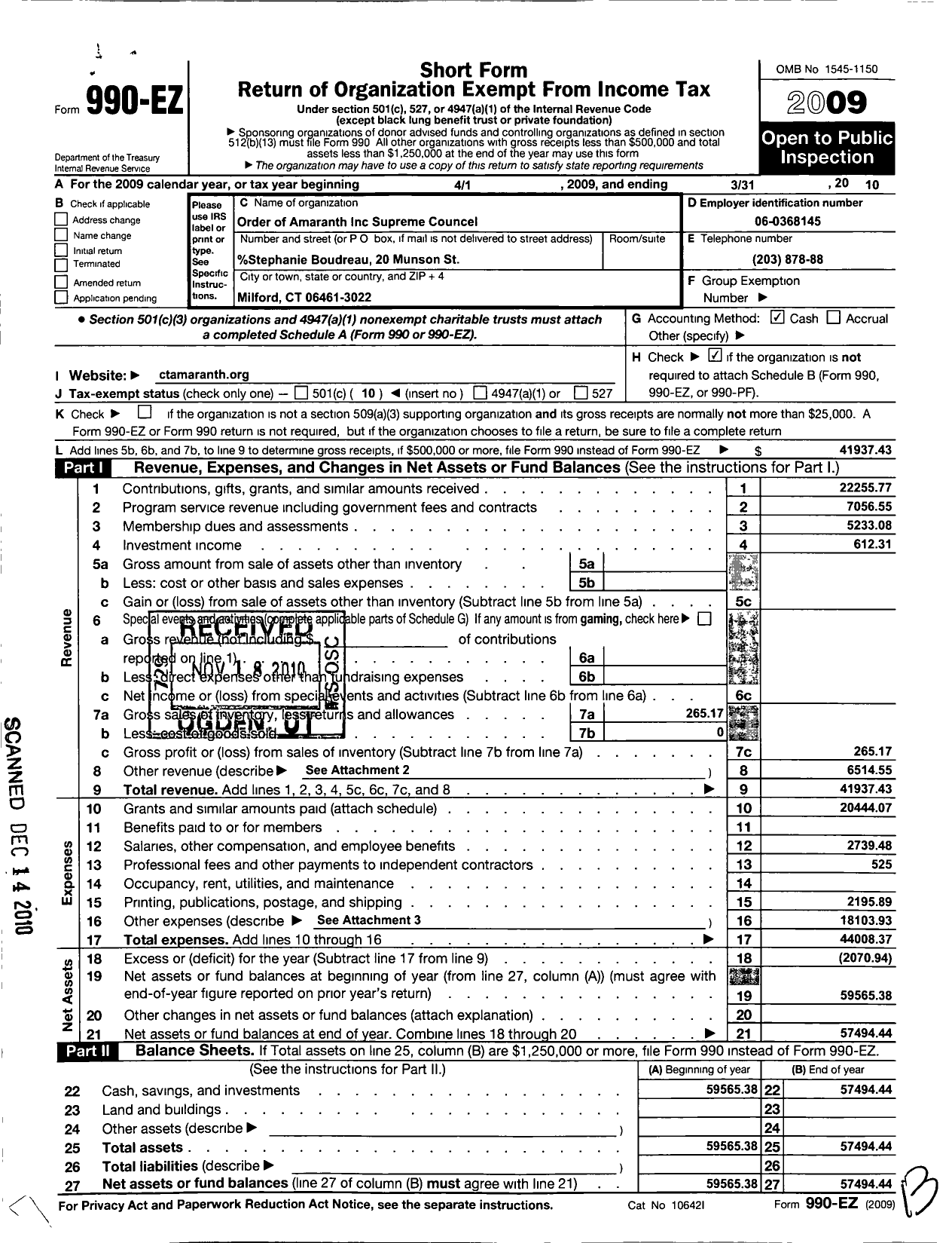 Image of first page of 2009 Form 990EO for Order of the Amaranth Supreme