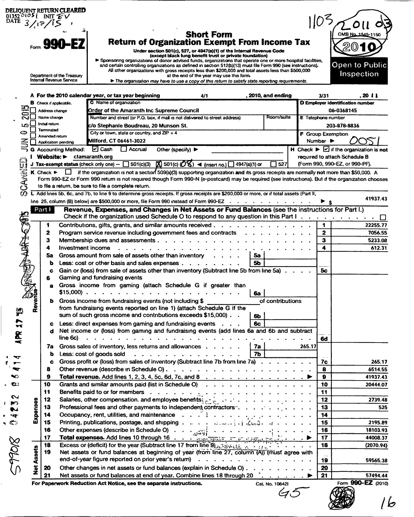 Image of first page of 2010 Form 990EO for Order of the Amaranth Supreme