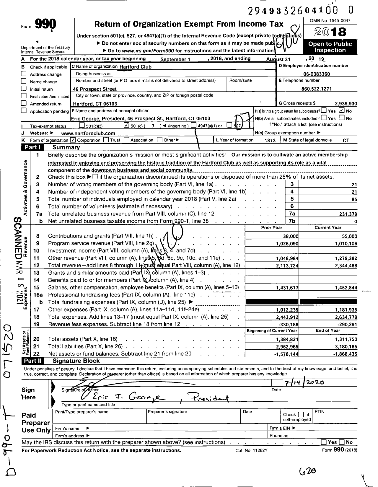 Image of first page of 2018 Form 990O for The Hartford Club