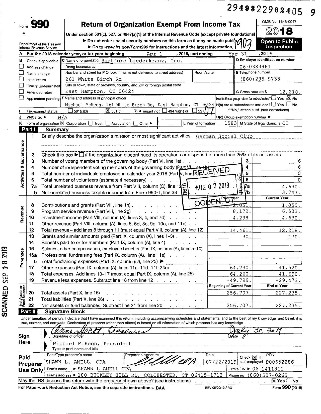 Image of first page of 2018 Form 990O for Hartford Liederkranz