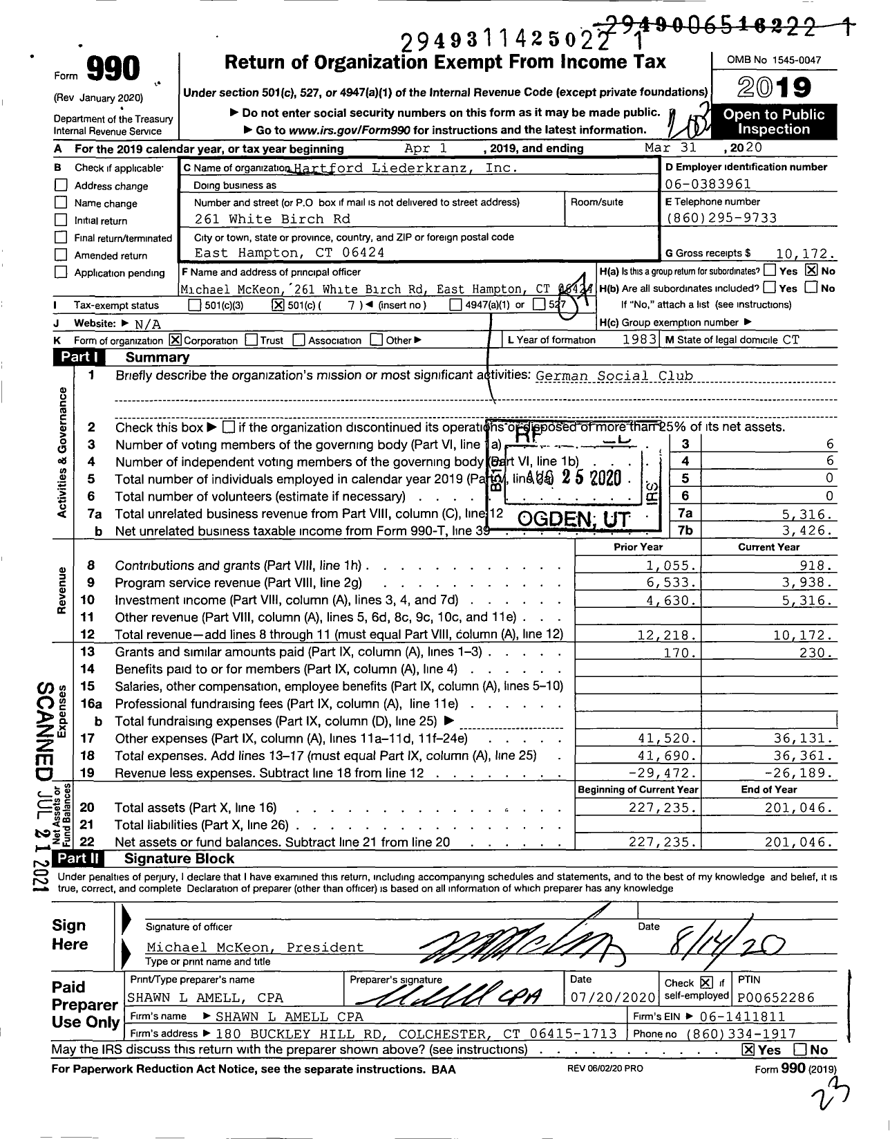 Image of first page of 2019 Form 990O for Hartford Liederkranz