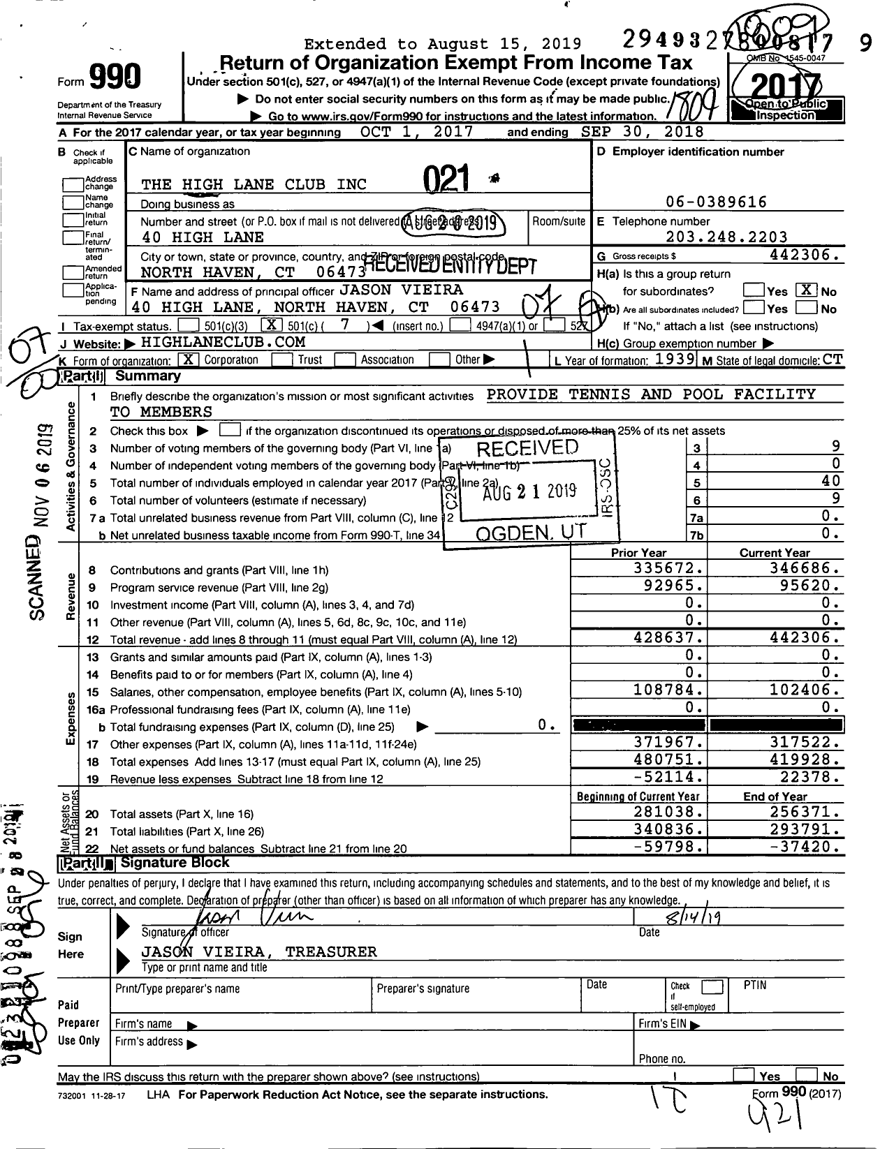 Image of first page of 2017 Form 990O for The High Lane Club