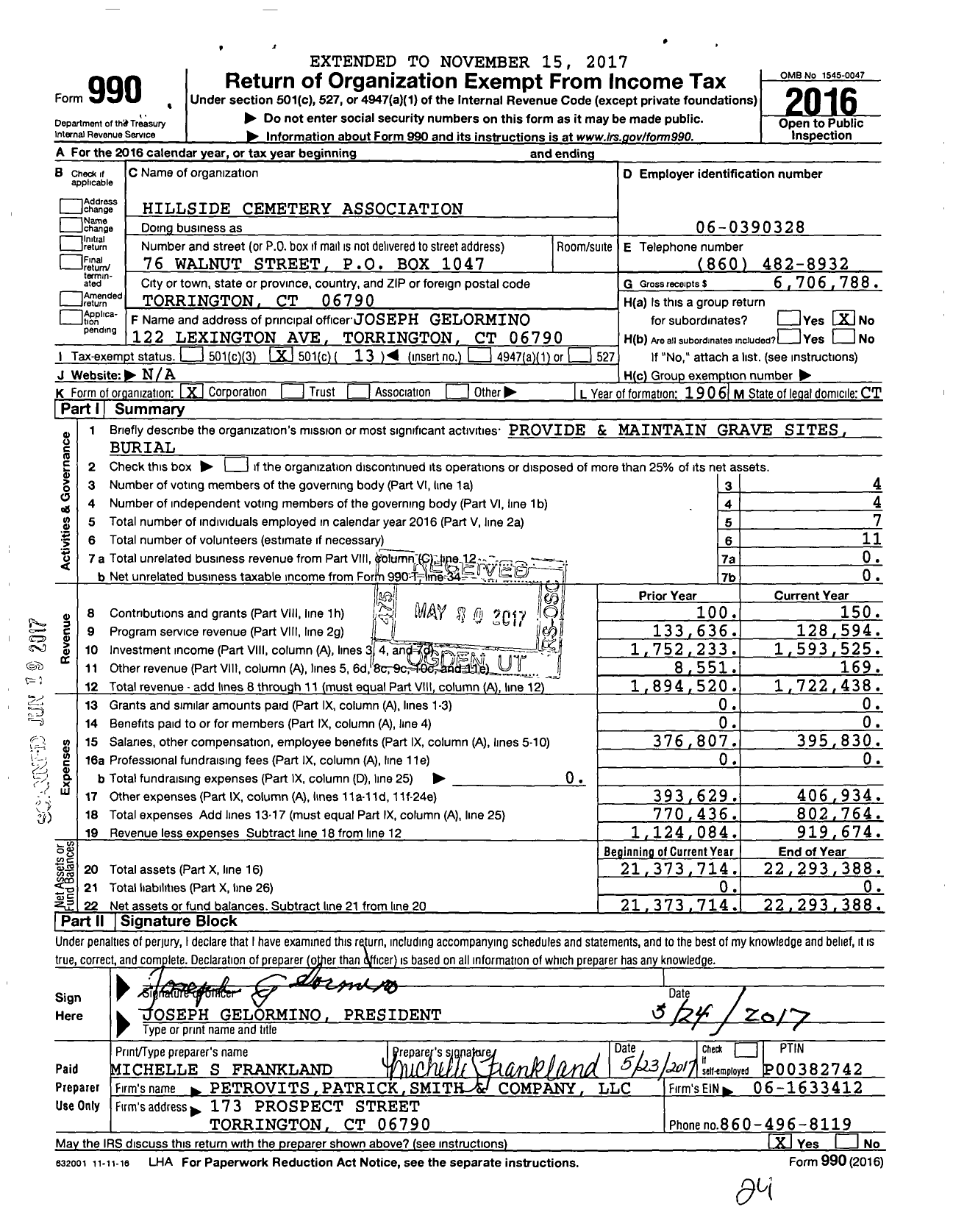 Image of first page of 2016 Form 990O for Hillside Cemetery Association