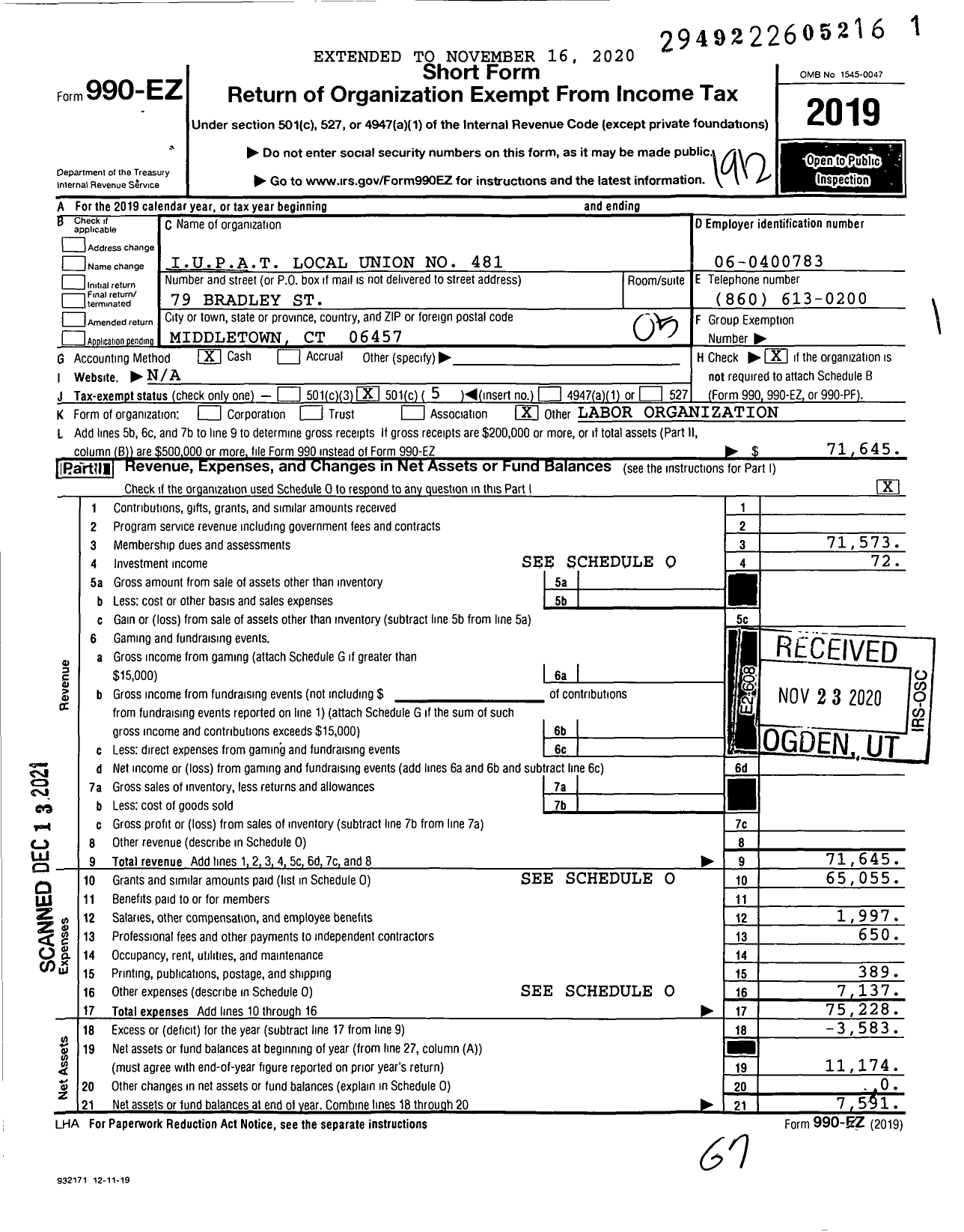 Image of first page of 2019 Form 990EO for International Union of Painters and Allied Trades - 484 Painters Local Union