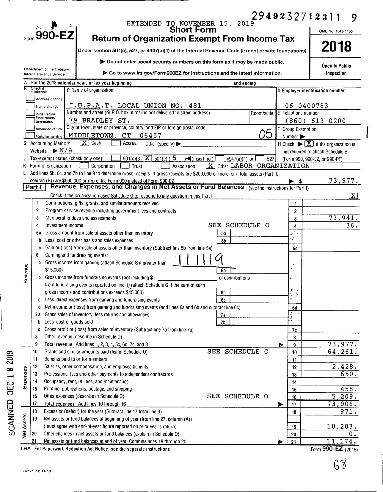 Image of first page of 2018 Form 990EO for International Union of Painters and Allied Trades - 484 Painters Local Union