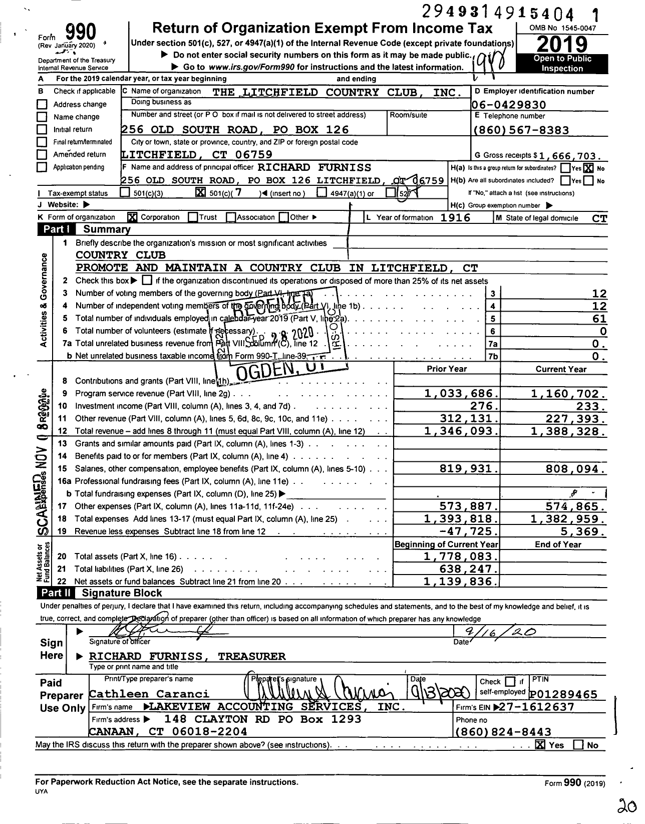 Image of first page of 2019 Form 990O for Litchfield Country Club