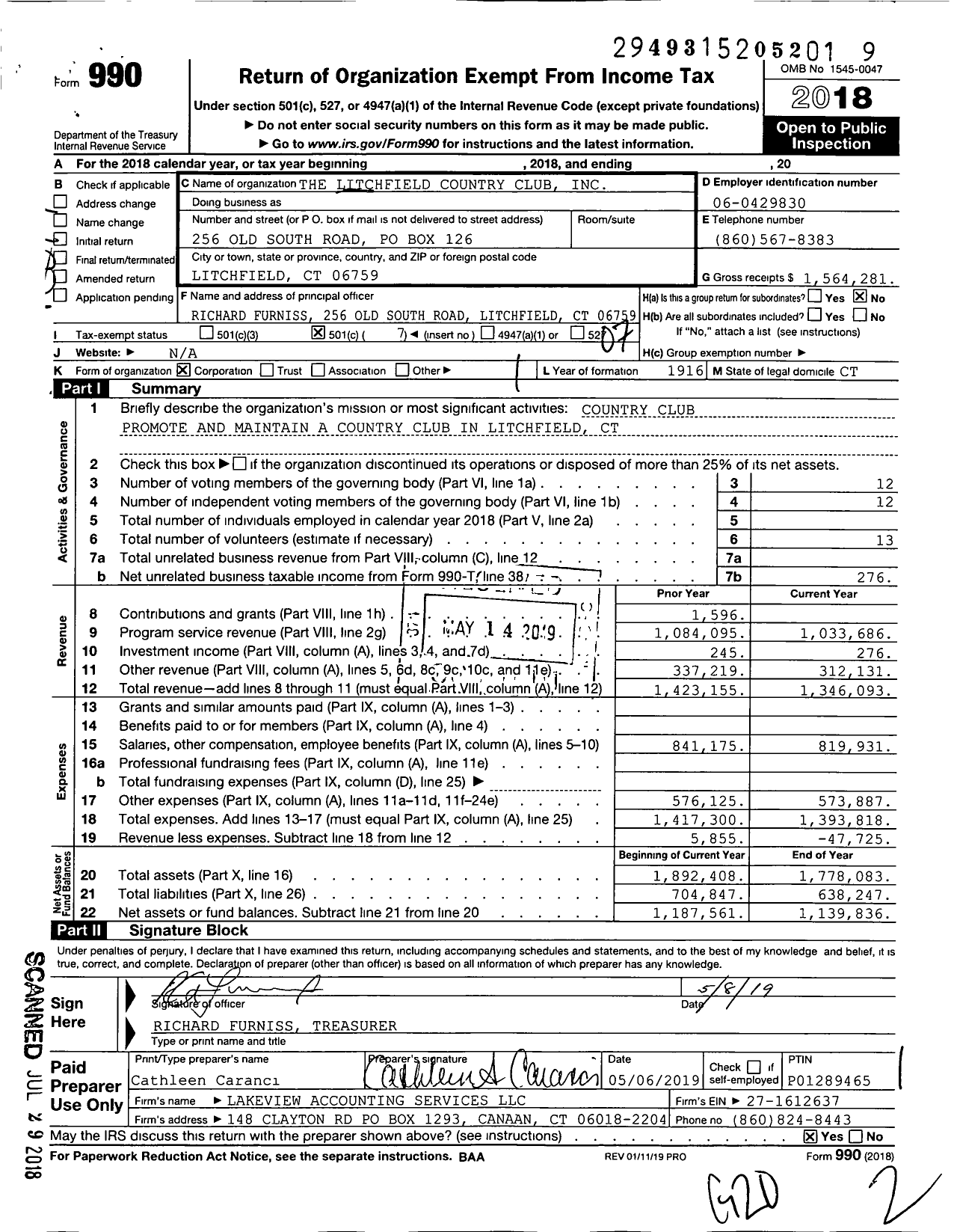 Image of first page of 2018 Form 990O for Litchfield Country Club