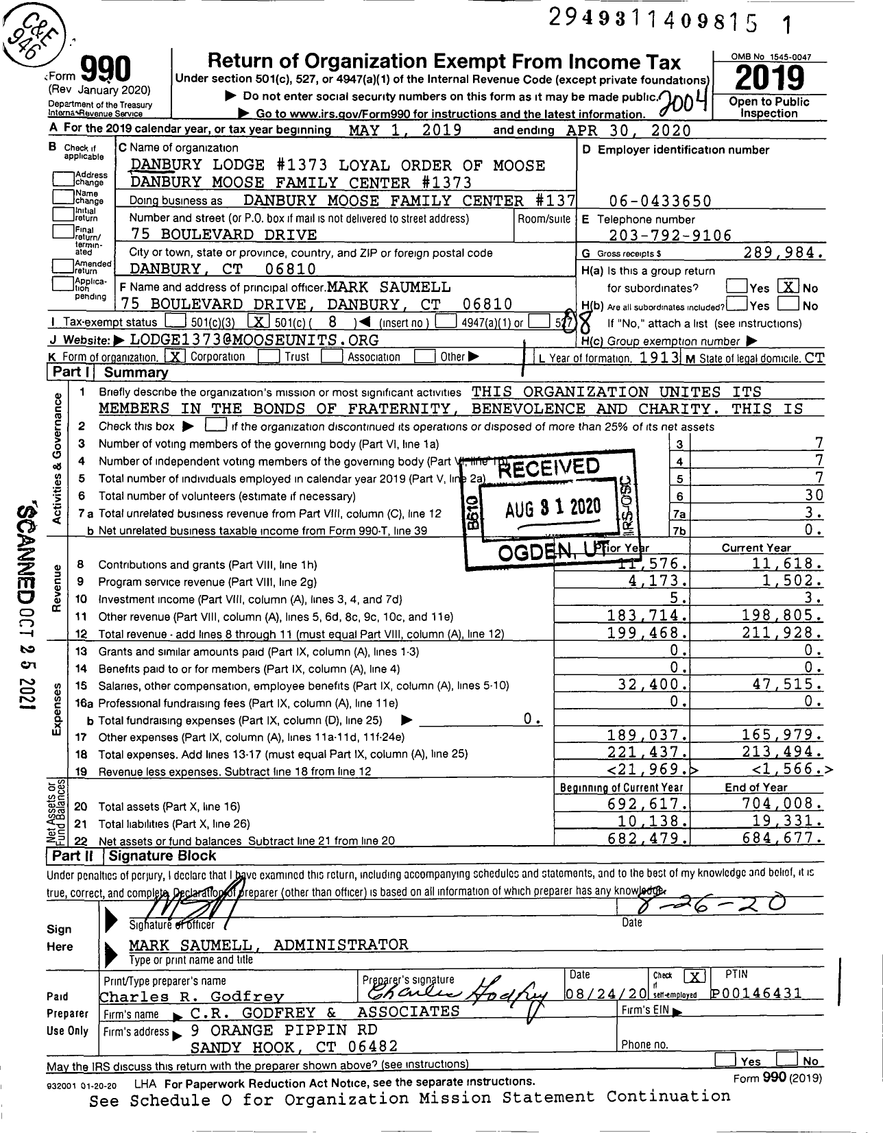 Image of first page of 2019 Form 990O for Loyal Order of Moose - Danbury Moose Family Center #1373