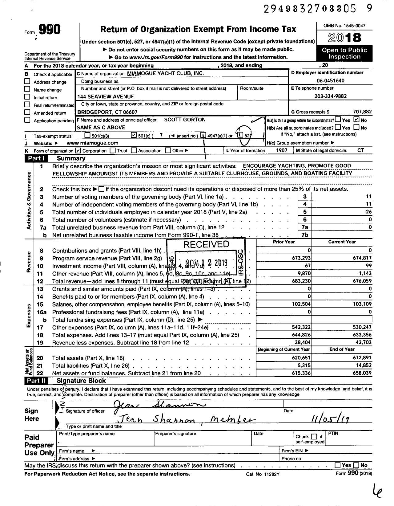 Image of first page of 2018 Form 990O for Miamogue Yacht Club
