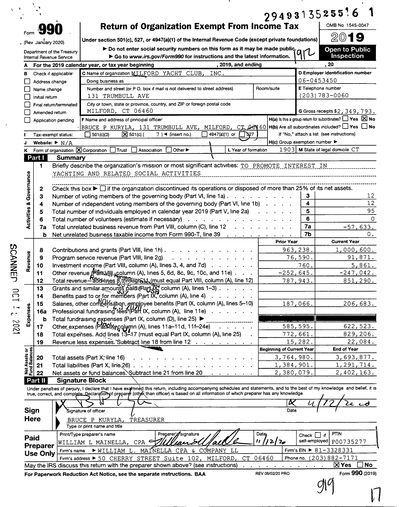 Image of first page of 2019 Form 990O for Milford Yacht Club Incorporated