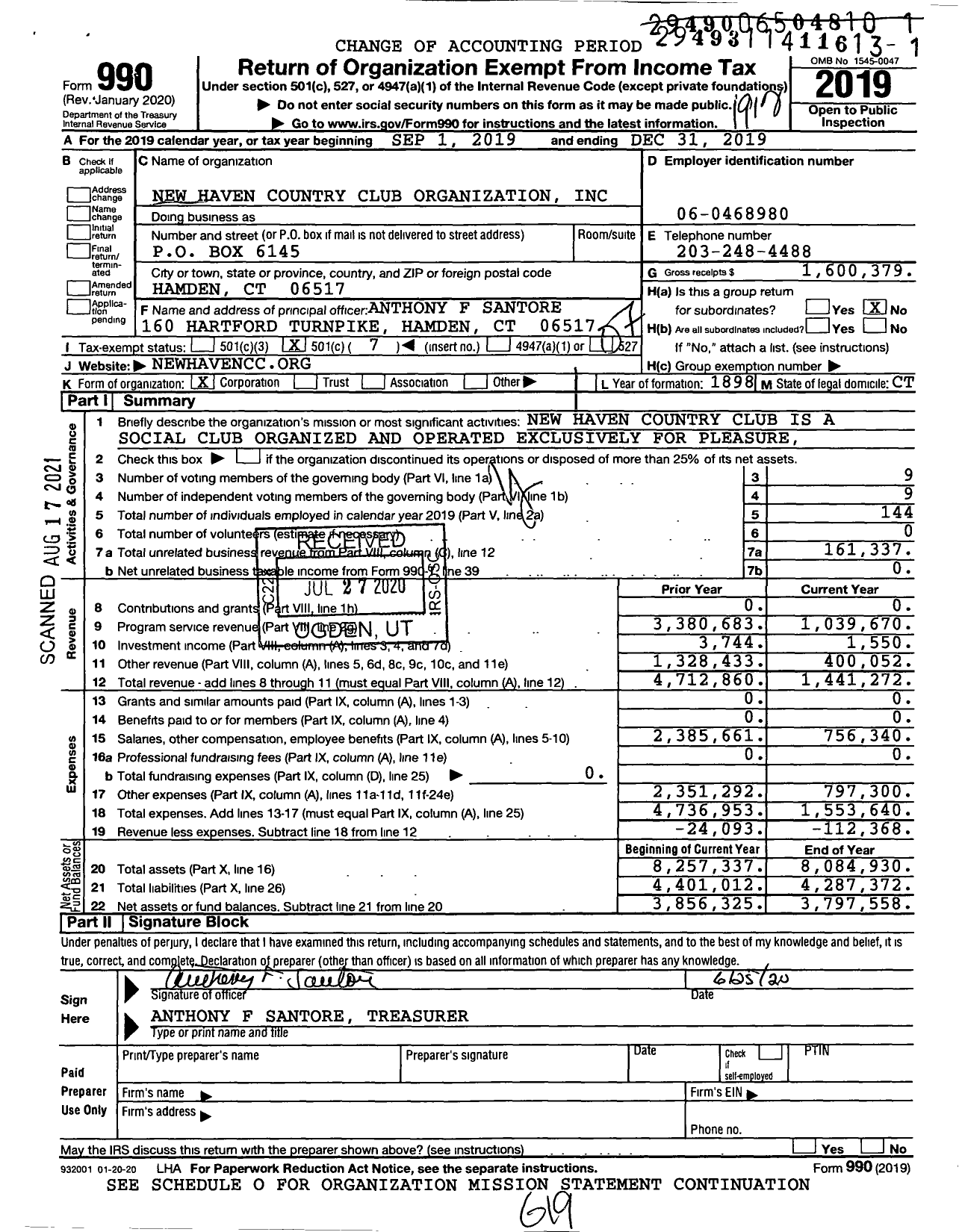 Image of first page of 2019 Form 990O for New Haven Country Club Corporation