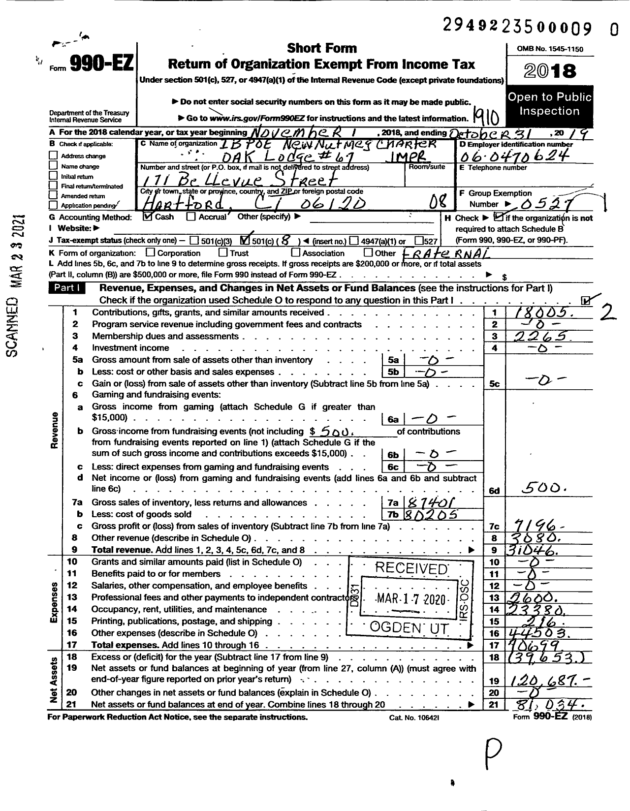 Image of first page of 2018 Form 990EO for Improved Benevolent and Protective Order of Elks of the World - 67 New Nutmet-Charter Oak