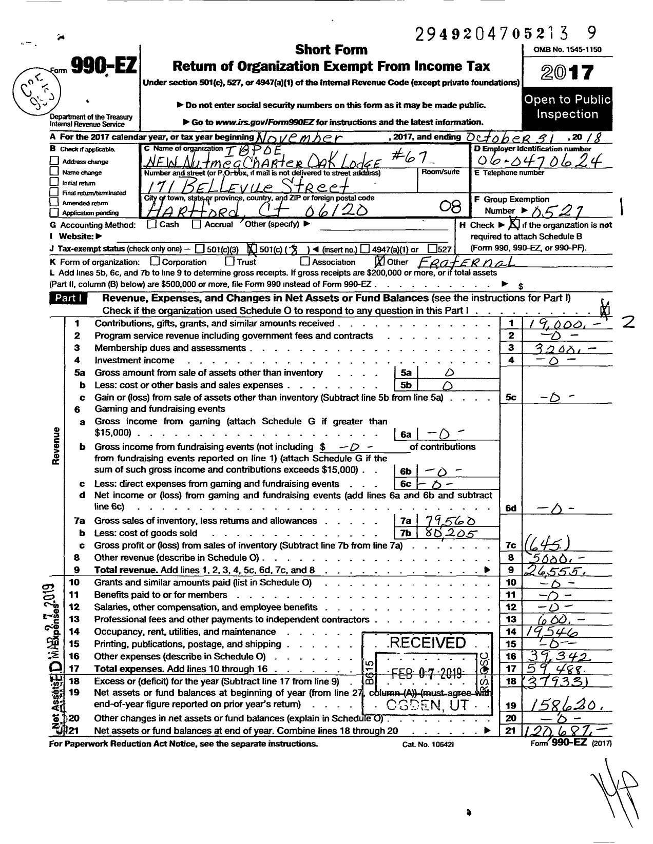 Image of first page of 2017 Form 990EO for Improved Benevolent and Protective Order of Elks of the World - 67 New Nutmet-Charter Oak