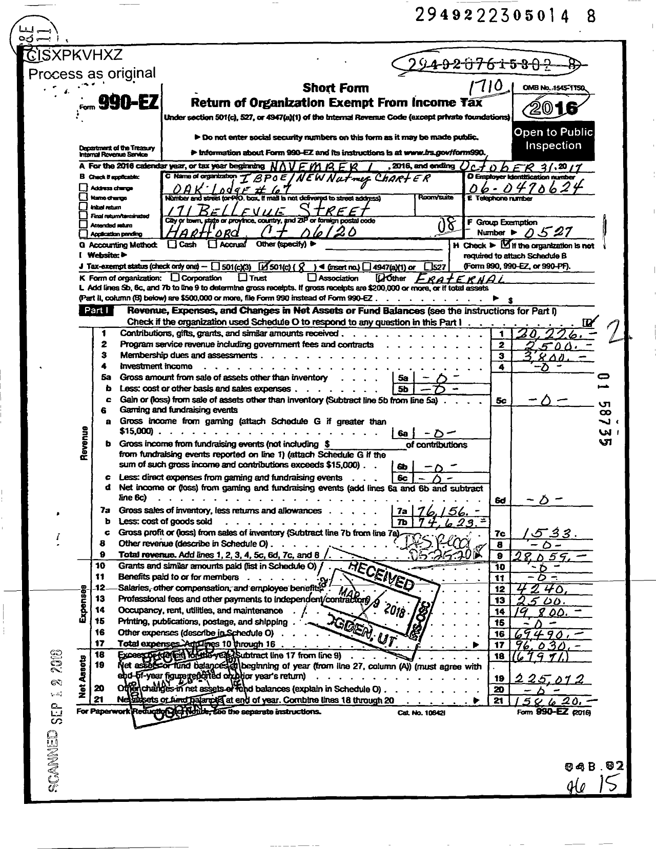 Image of first page of 2016 Form 990EO for Improved Benevolent and Protective Order of Elks of the World - 67 New Nutmet-Charter Oak