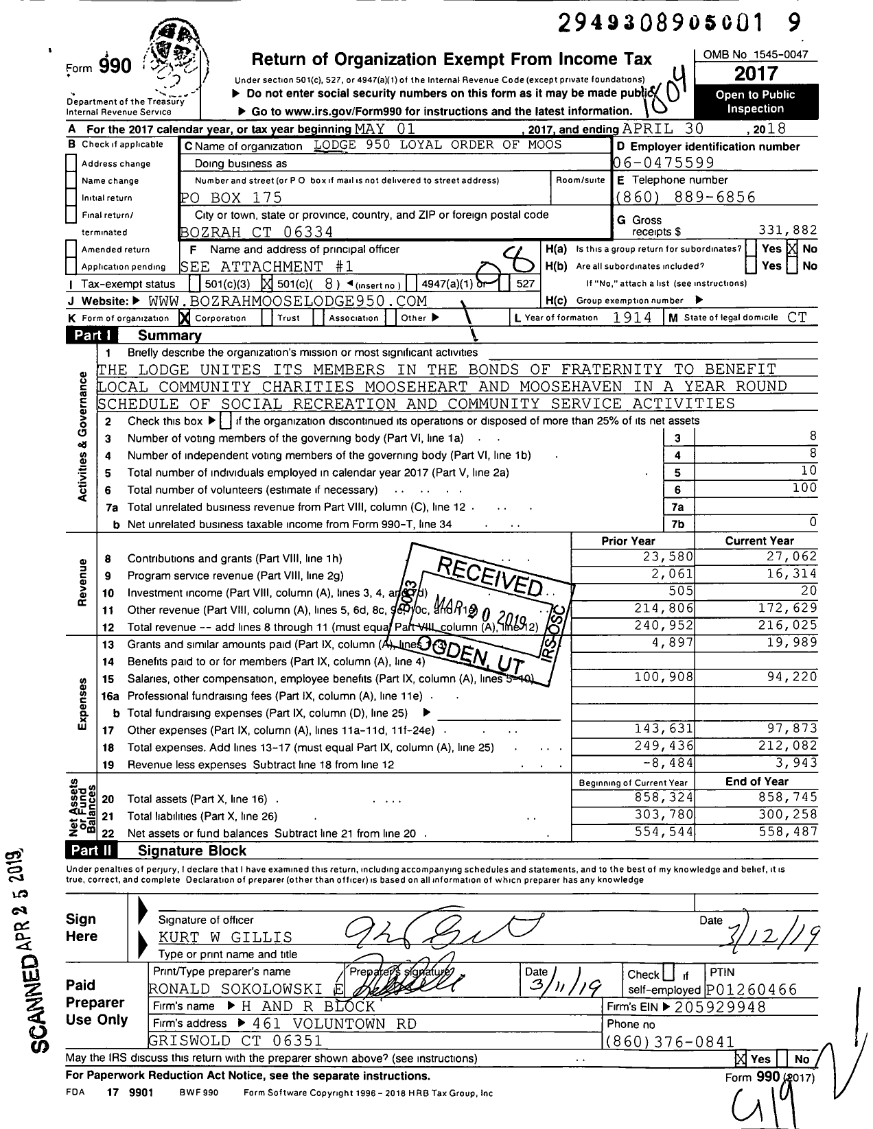 Image of first page of 2017 Form 990O for Loyal Order of Moose - 950
