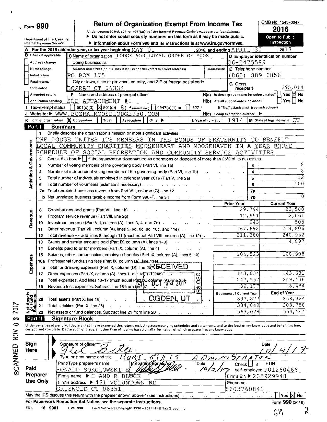Image of first page of 2016 Form 990O for Loyal Order of Moose - 950