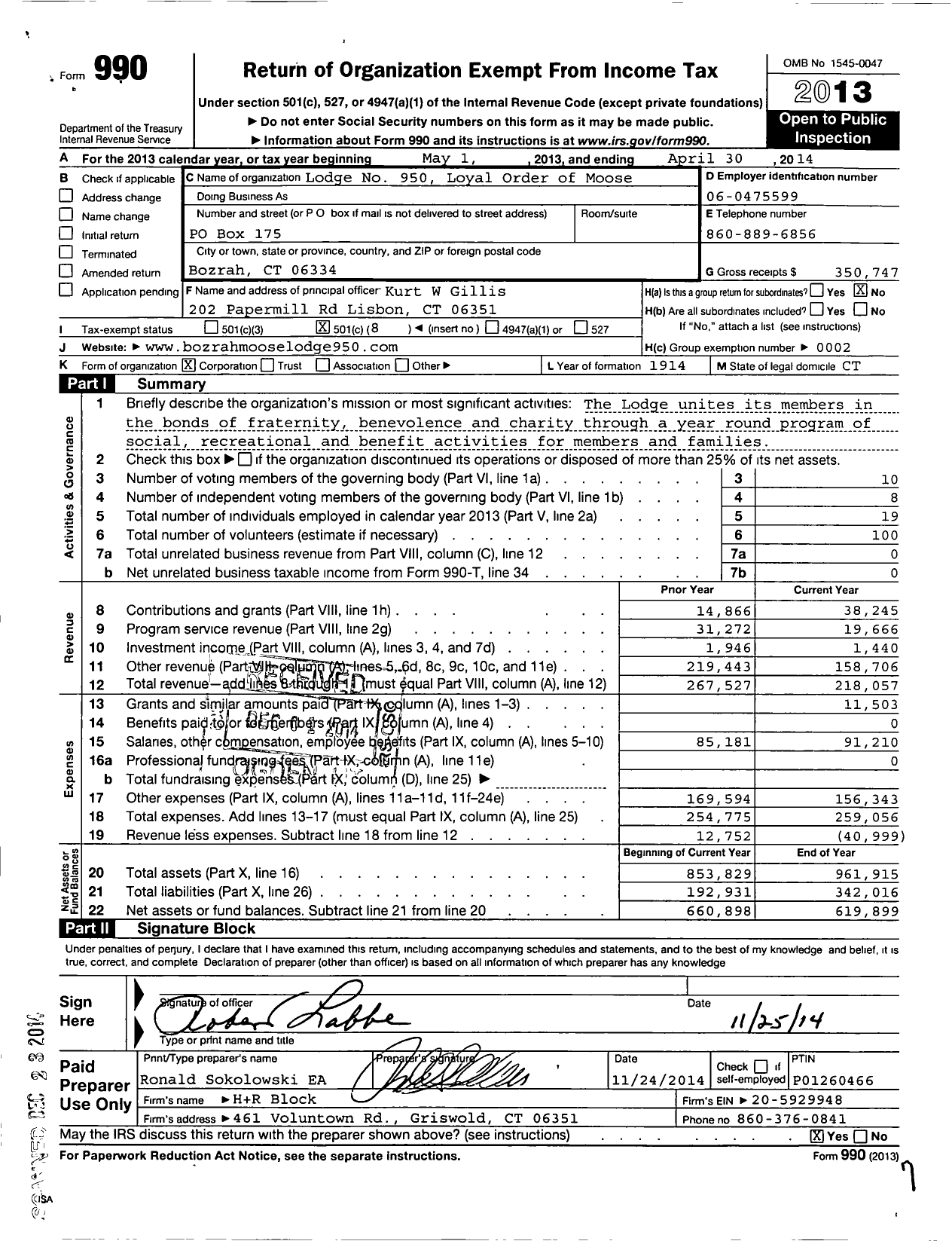 Image of first page of 2013 Form 990O for Loyal Order of Moose - 950