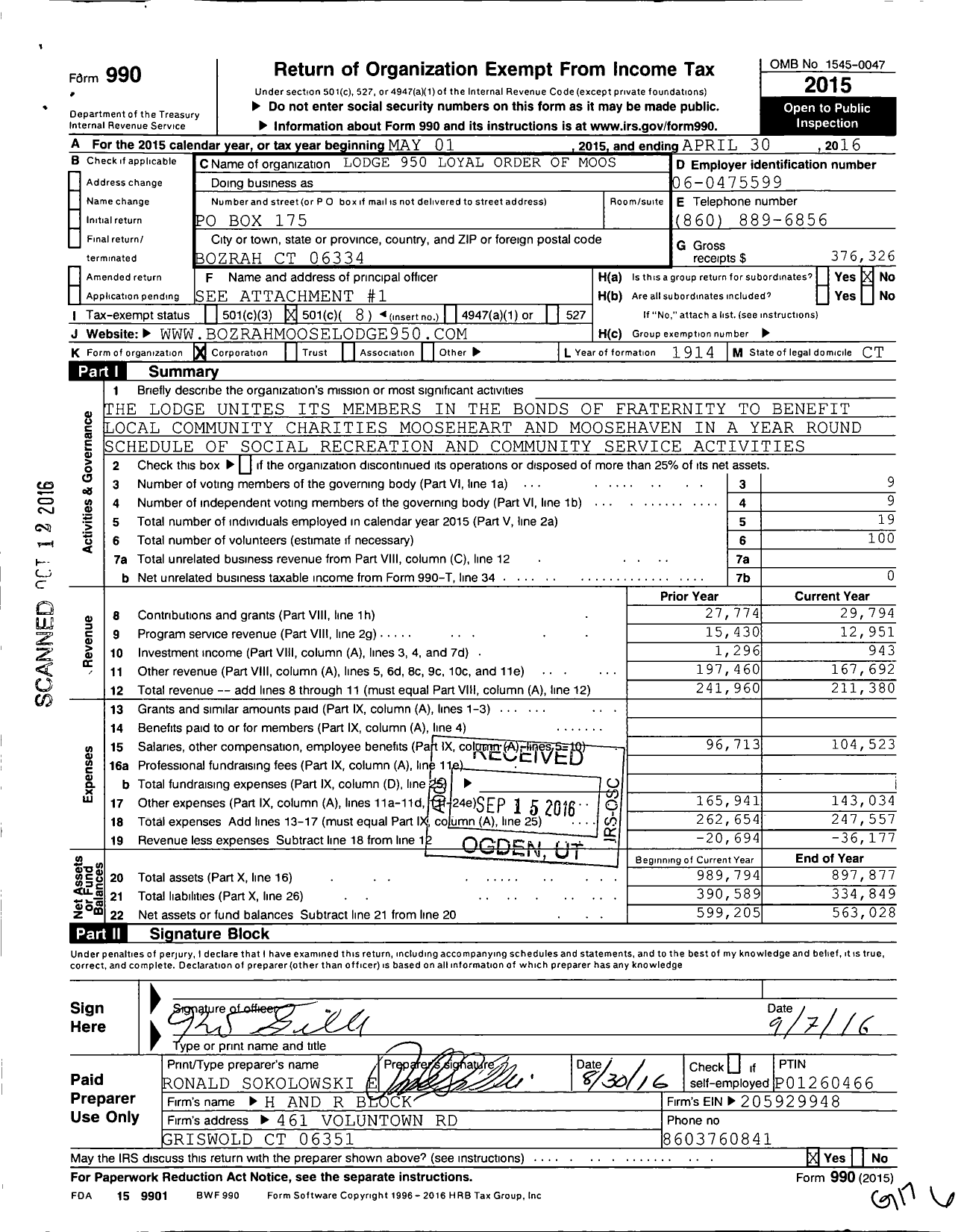 Image of first page of 2015 Form 990O for Loyal Order of Moose - 950