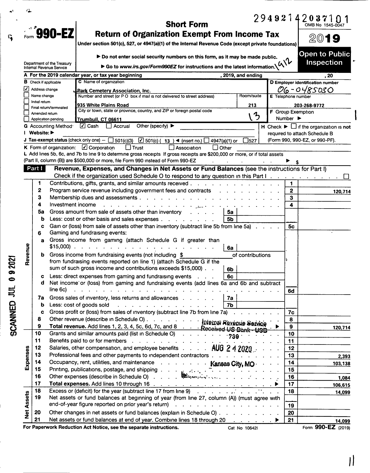 Image of first page of 2019 Form 990EO for Park Cemetery Association