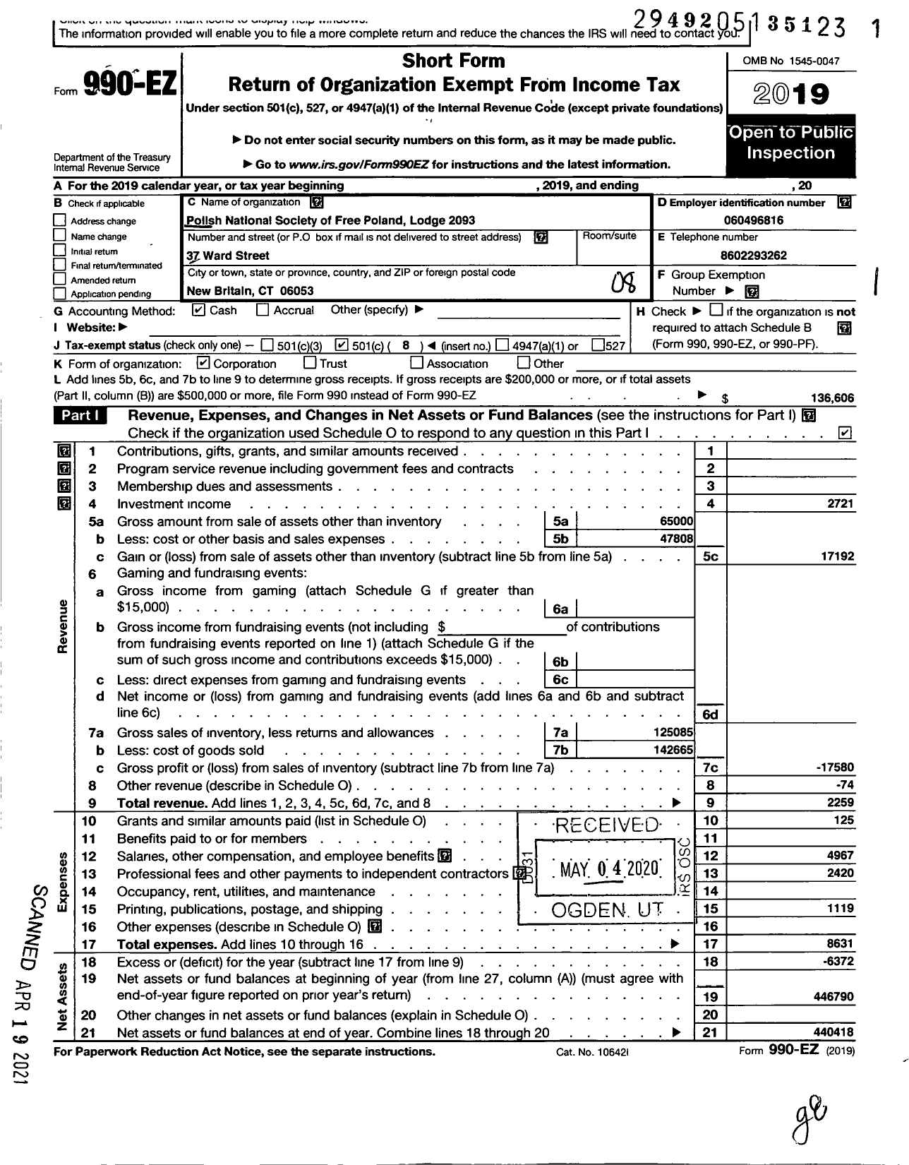 Image of first page of 2019 Form 990EO for Polish National Alliance - Lodge 2093 PNA