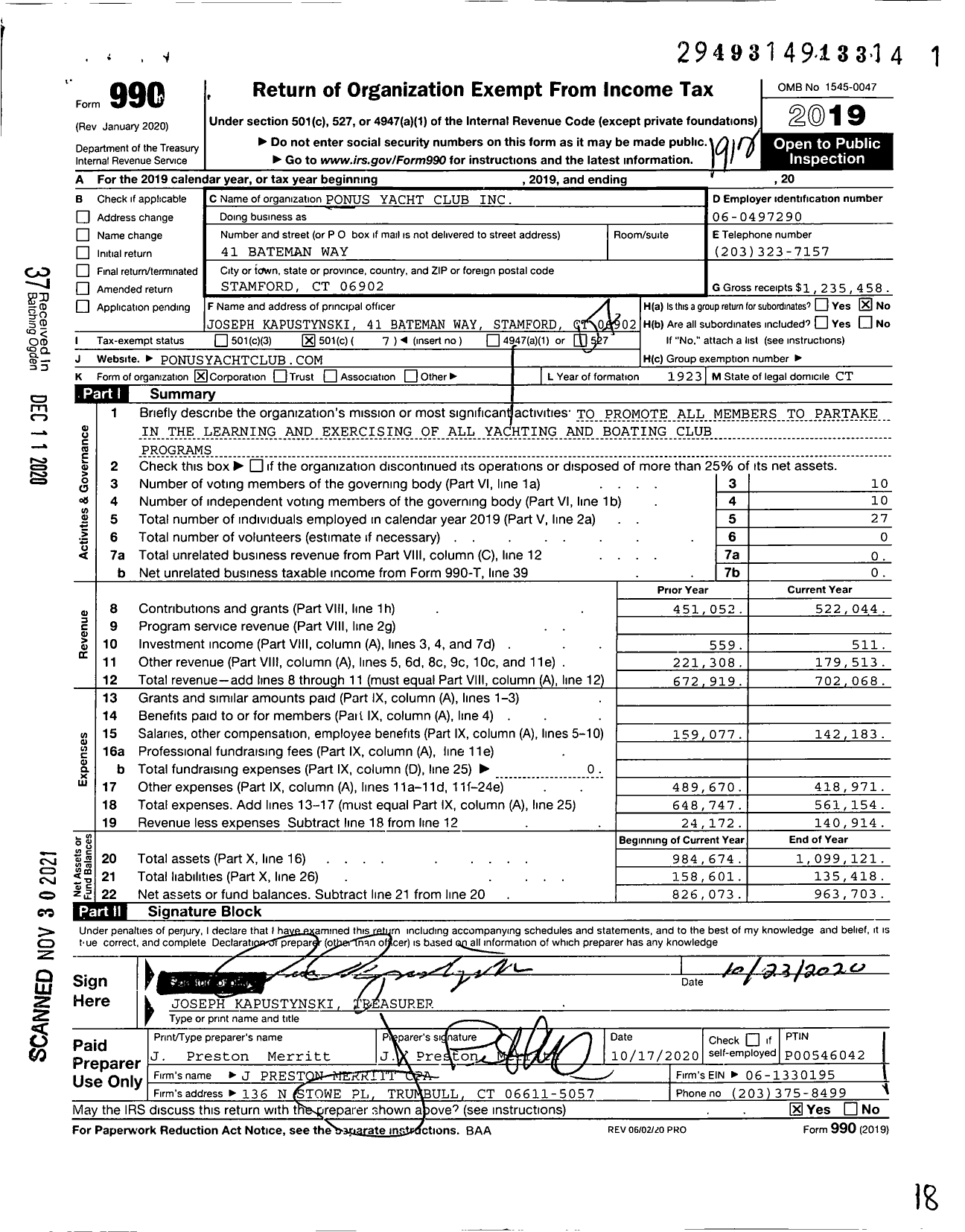 Image of first page of 2019 Form 990O for Ponus Yacht Club