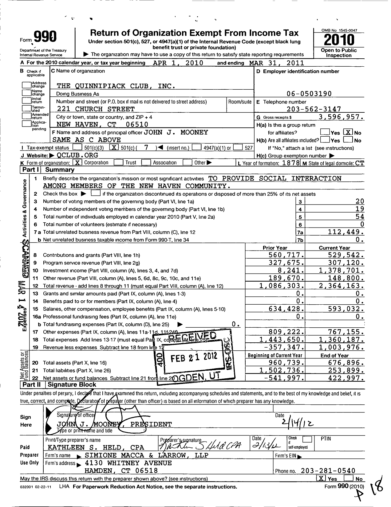 Image of first page of 2010 Form 990O for Quinnipiack Club