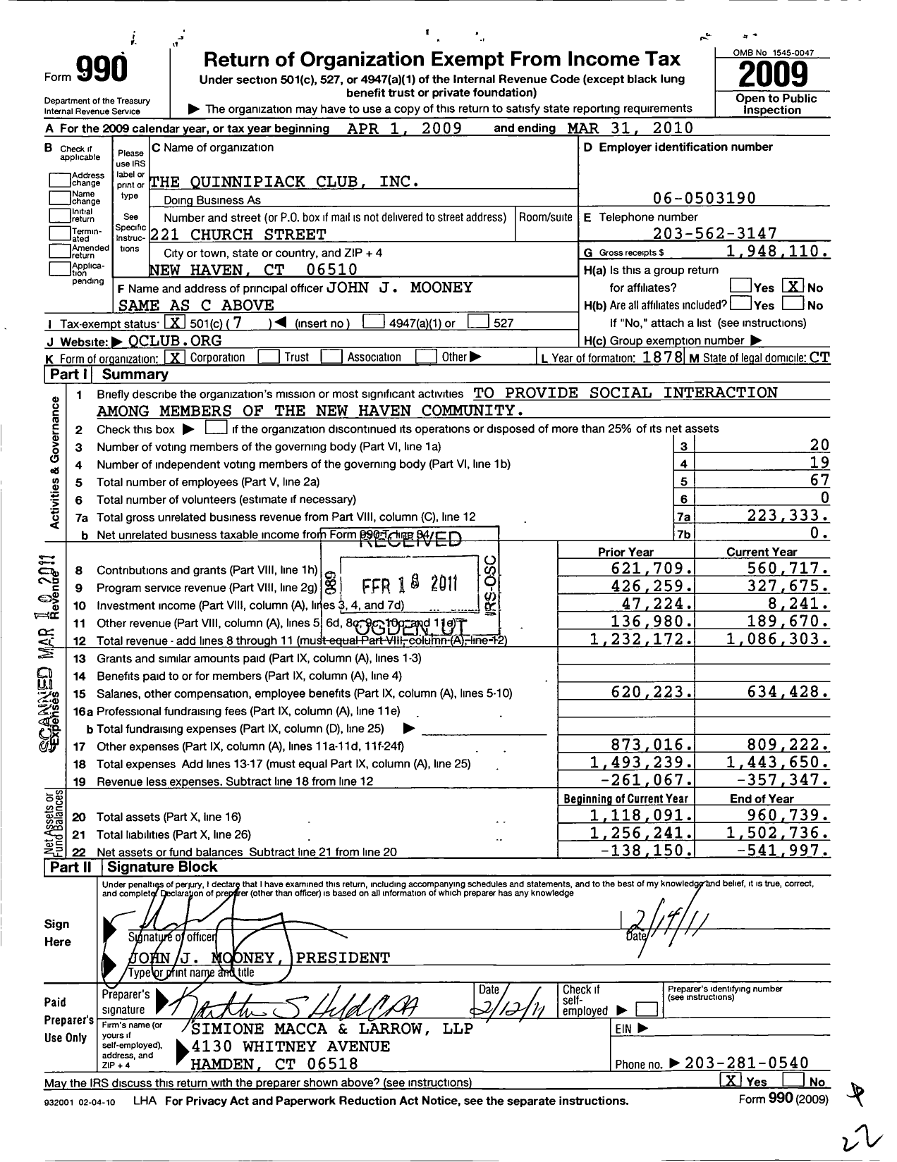 Image of first page of 2009 Form 990O for Quinnipiack Club