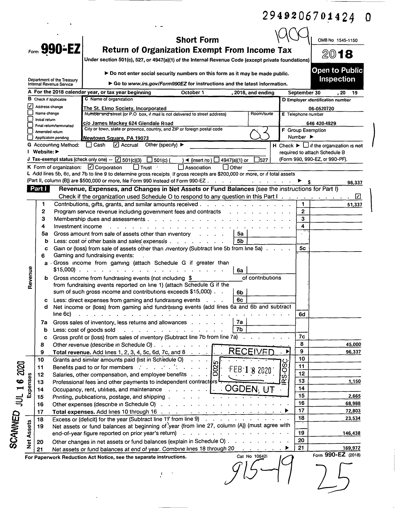 Image of first page of 2018 Form 990EZ for The St Elmo Society Incorporated