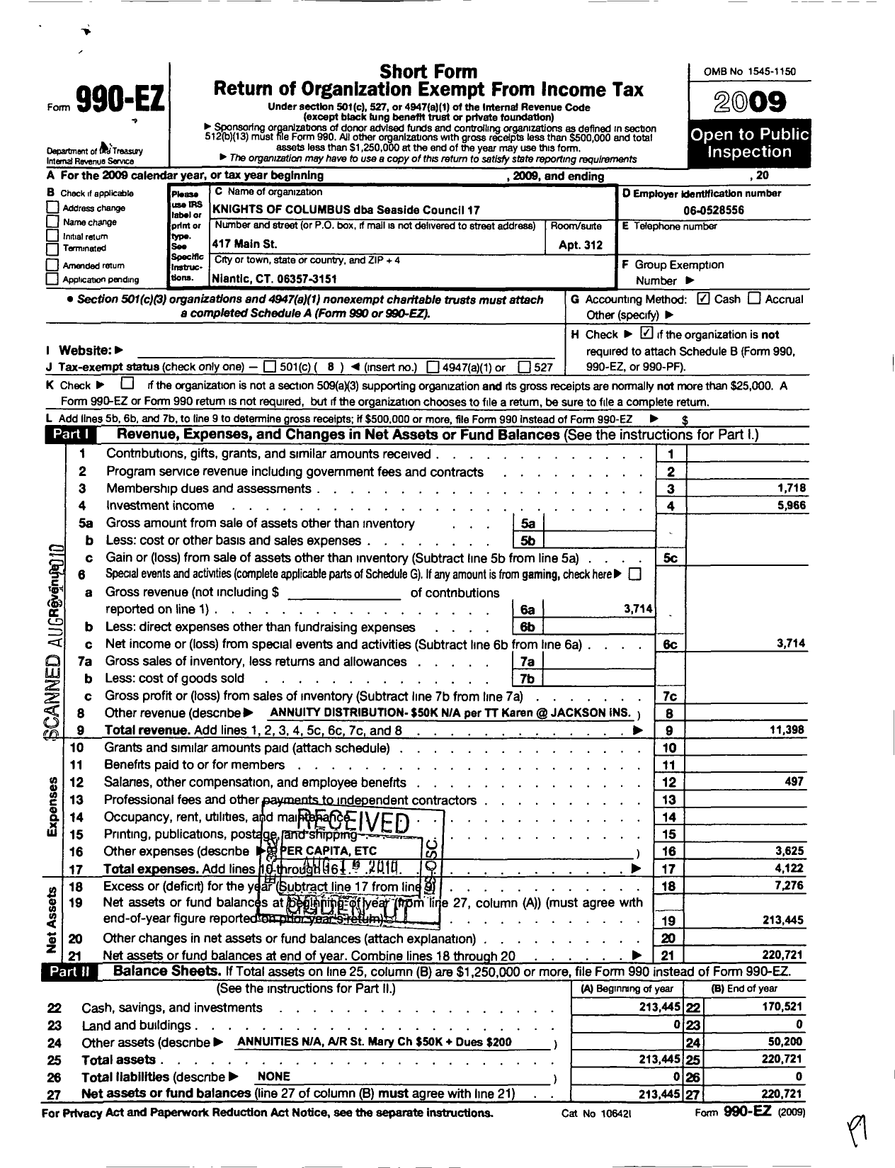 Image of first page of 2009 Form 990EO for Knights of Columbus - Seaside Council 17