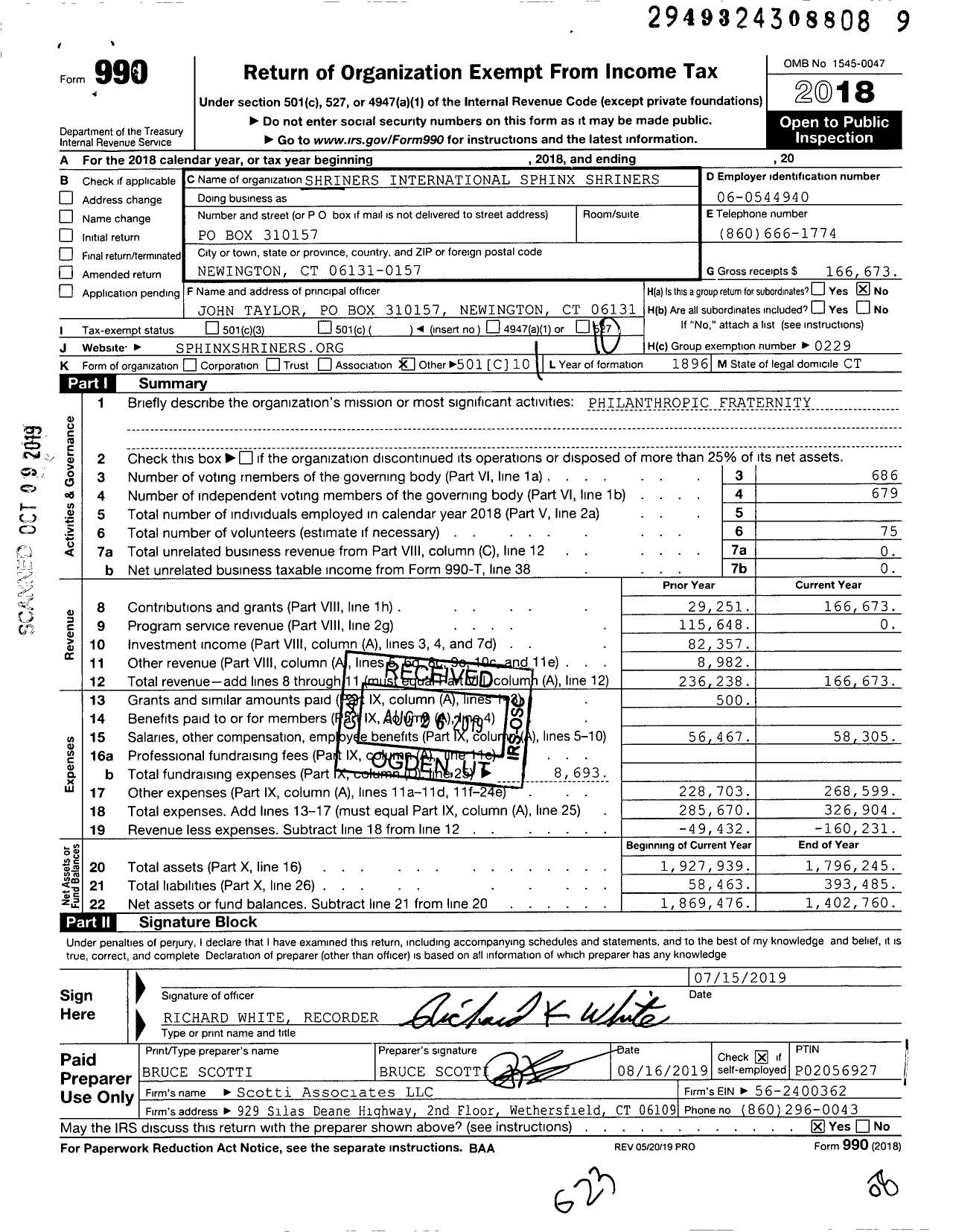 Image of first page of 2018 Form 990O for Sphinx Shriners