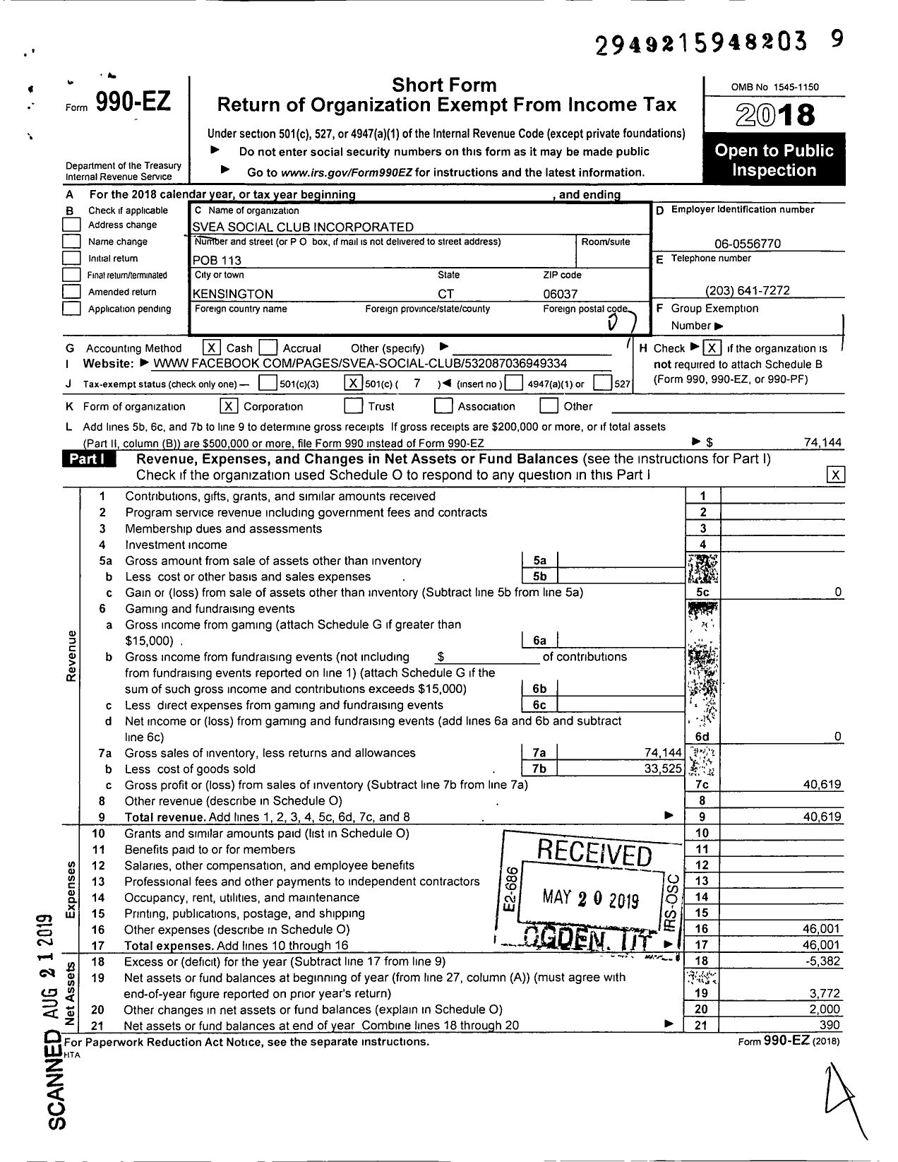 Image of first page of 2018 Form 990EO for Svea Social Club Incorporated